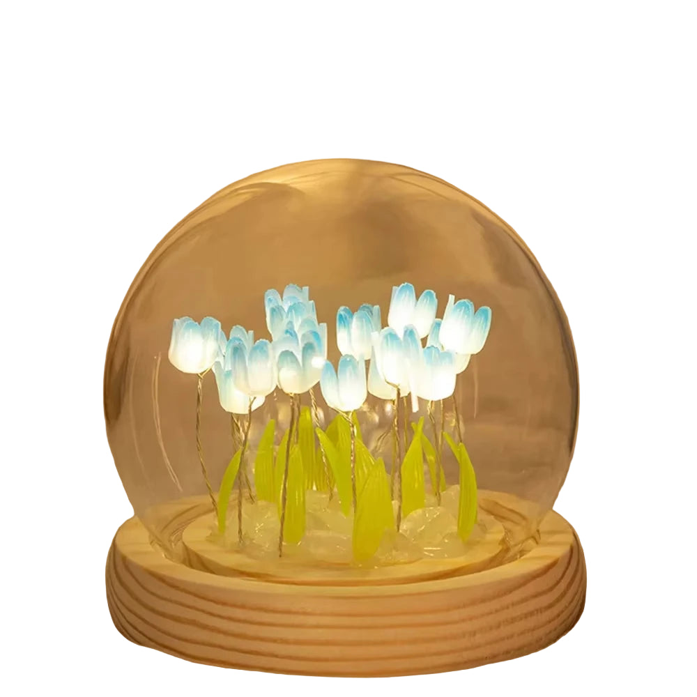 Glass Dome Tulip Lamp – Rechargeable Floral LED Night Light, Handcrafted Bloom Design, Soft Warm Glow