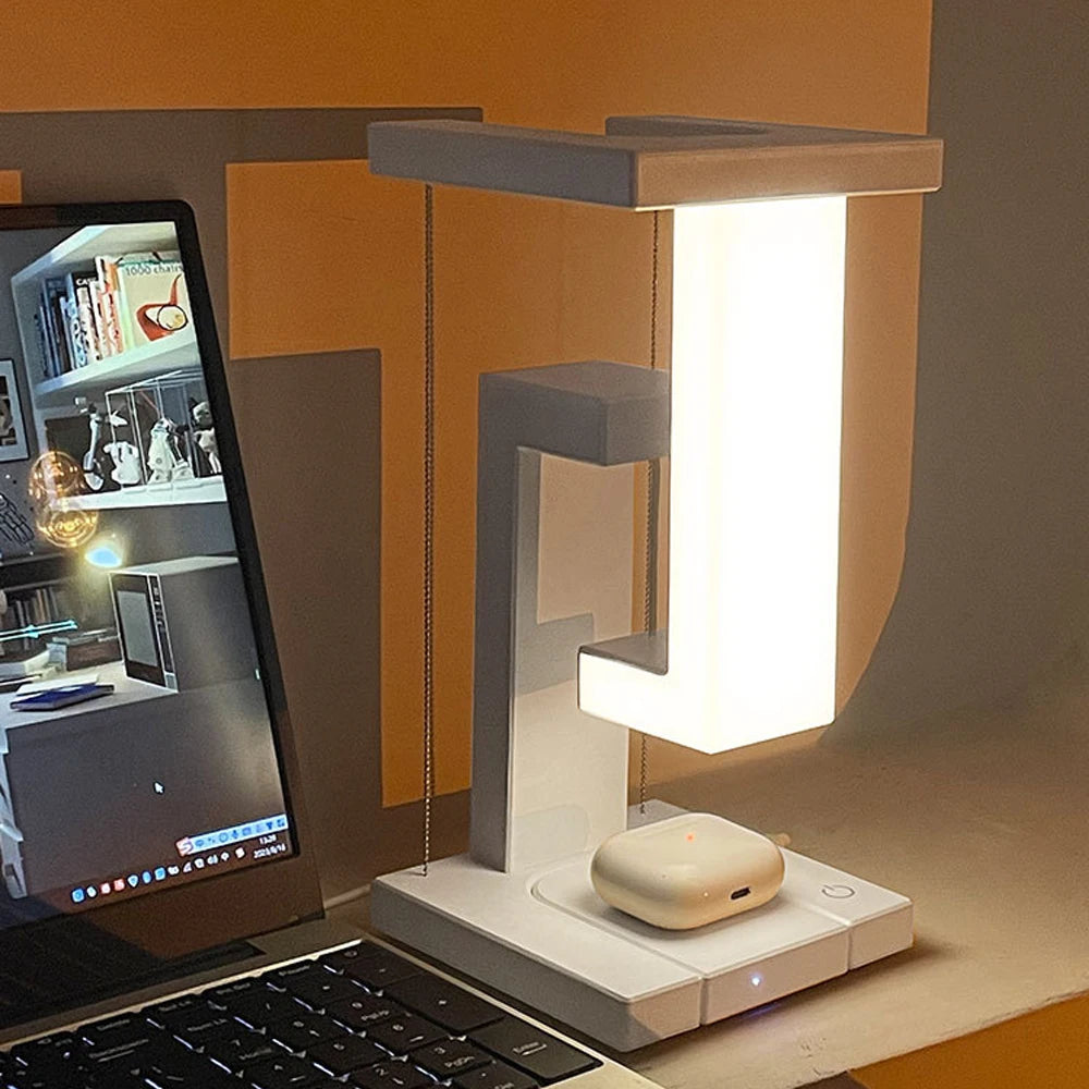 Floating LED Desk Lamp – Dimmable Light with Wireless Charger & Speaker