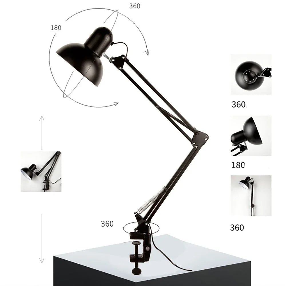 Clamp Desk Lamp – Adjustable Arm, 360° Rotating Head, E27 Socket, Industrial Metal Build