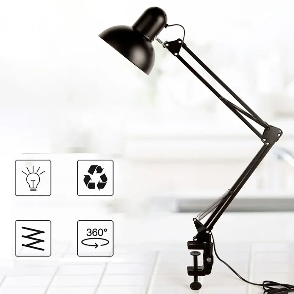 Clamp Desk Lamp – Adjustable Arm, 360° Rotating Head, E27 Socket, Industrial Metal Build