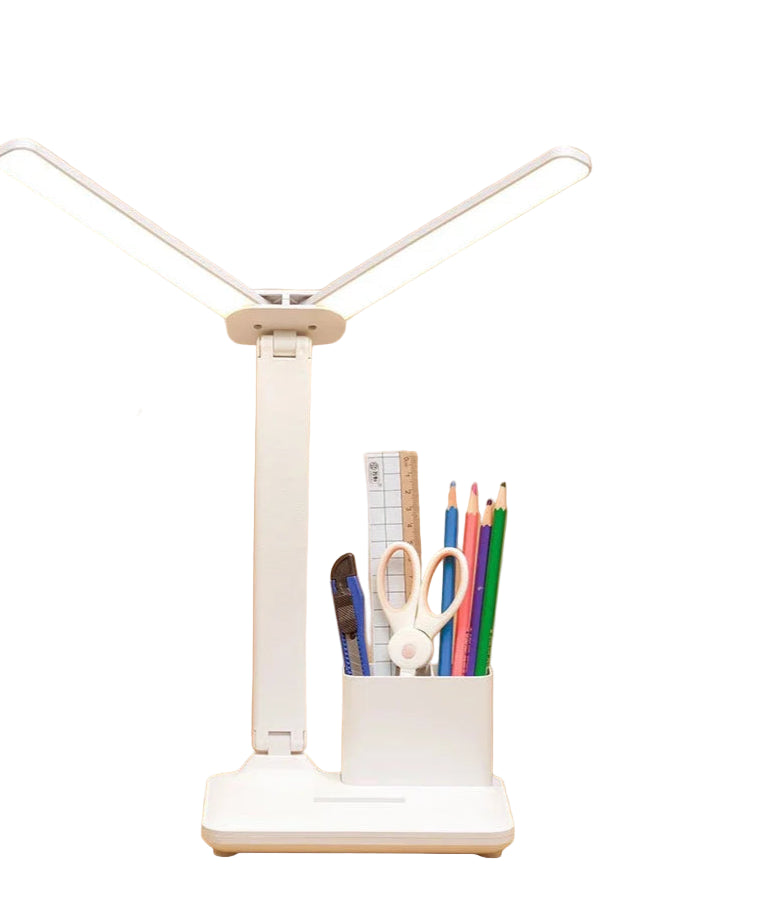 Foldable LED Desk Lamp – Dual Head, USB Rechargeable, Digital Clock, 3 Light Modes, 1200mAh Battery