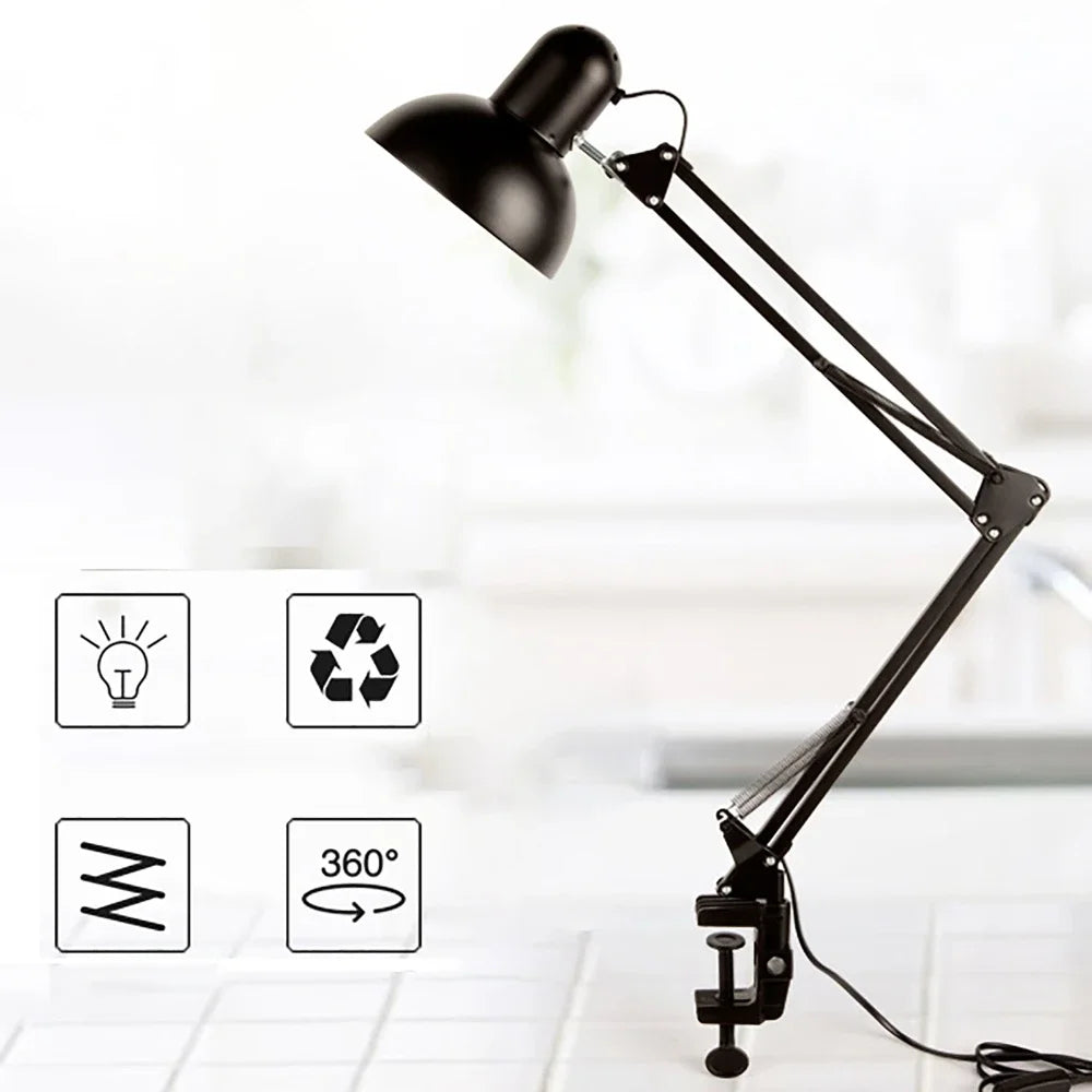 Clamp Desk Lamp – Adjustable Arm, 360° Rotating Head, E27 Socket, Industrial Metal Build