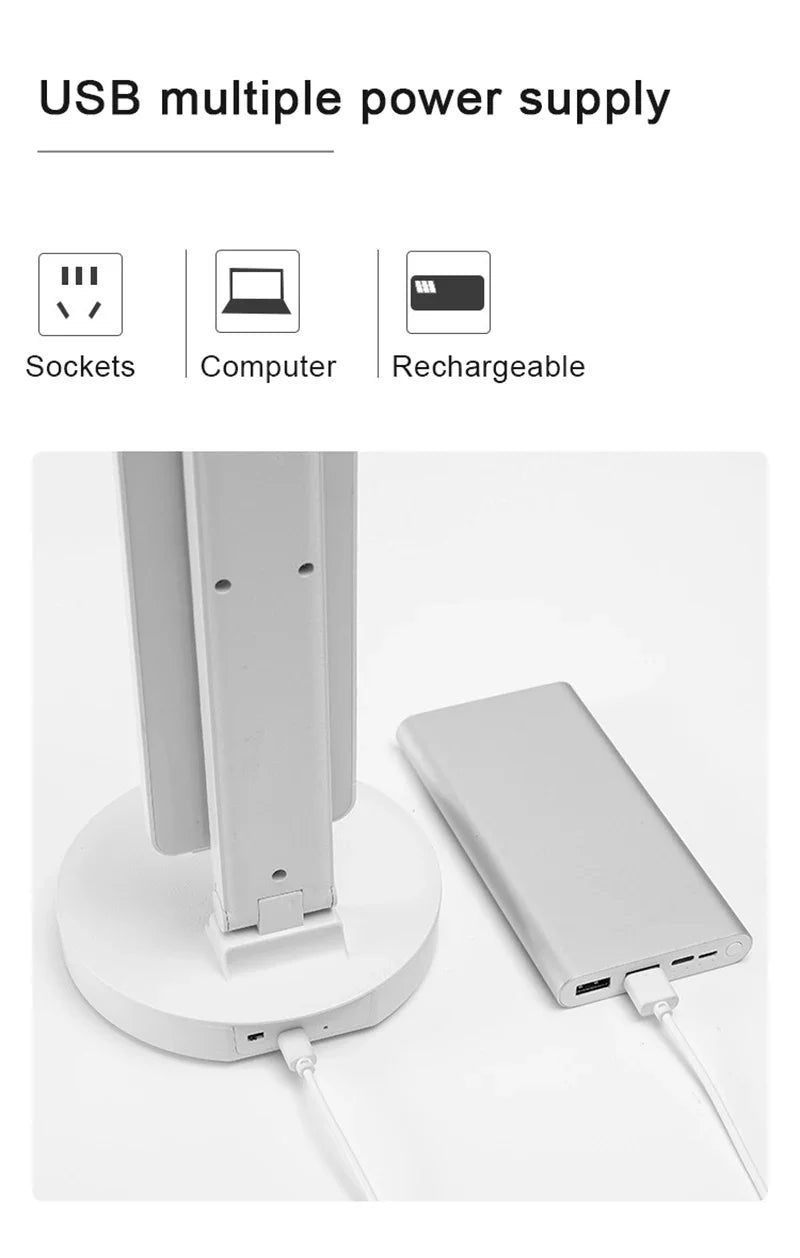 Foldable LED Desk Lamp – Dual Head, USB Rechargeable, Digital Clock, 3 Light Modes, 1200mAh Battery