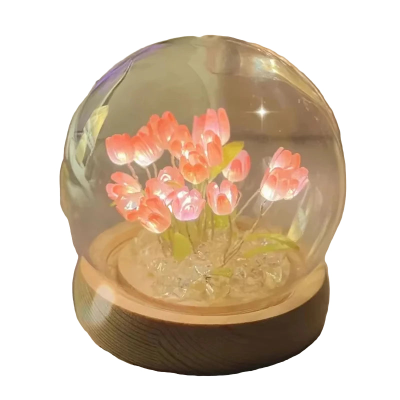 Glass Dome Tulip Lamp – Rechargeable Floral LED Night Light, Handcrafted Bloom Design, Soft Warm Glow