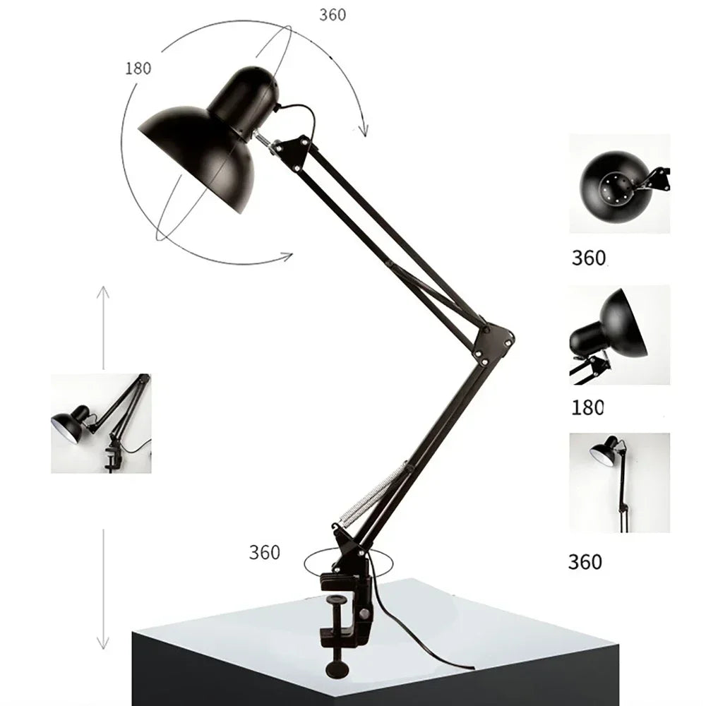 Clamp Desk Lamp – Adjustable Arm, 360° Rotating Head, E27 Socket, Industrial Metal Build