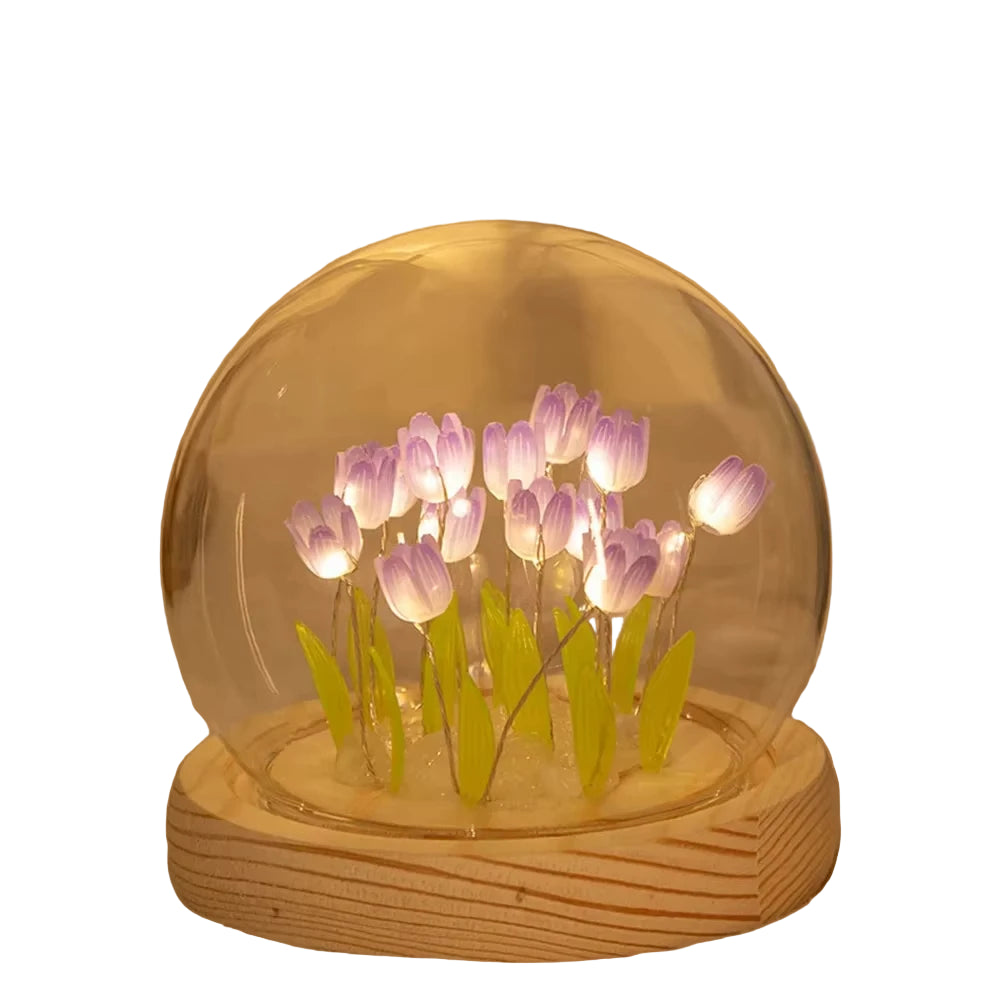 Glass Dome Tulip Lamp – Rechargeable Floral LED Night Light, Handcrafted Bloom Design, Soft Warm Glow